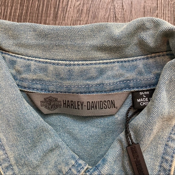L Harley Davidson Garage Lightweight Denim Long Sleeve Button Up Shirt - Picture 5 of 12
